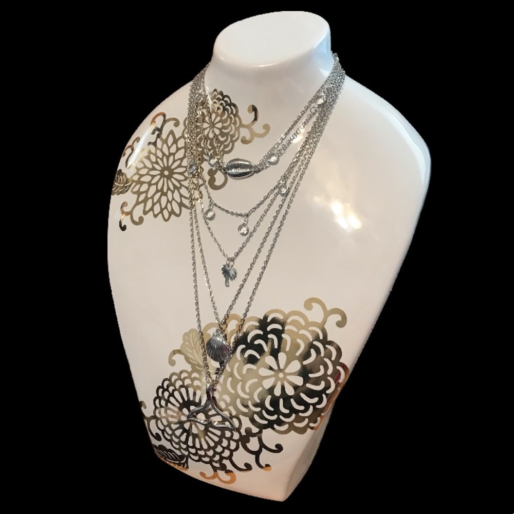 6 Layered Necklace 🦚 Fish Tail Palm Tree Seashell - Picture 2 of 3